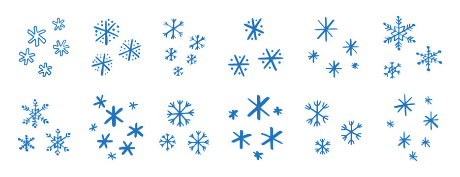 chalk pencil drawing blue snowflakes set. Snowflake doodle hand drawn cute style elements. Winter or Christmas concept.