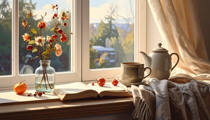 A still life arrangement of autumnal flowers, a book, teacup and teapot, displayed on a windowsill bathed in warm sunlight.