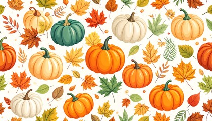 A cheerful autumnal pattern showcasing pumpkins and colorful leaves in various shades, creating a festive and warm fall theme.