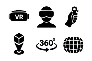 VR icons in black silhouette style: VR headset, person wearing goggles, hand with controller, 3D cube, 360-degree sign, panoramic grid.