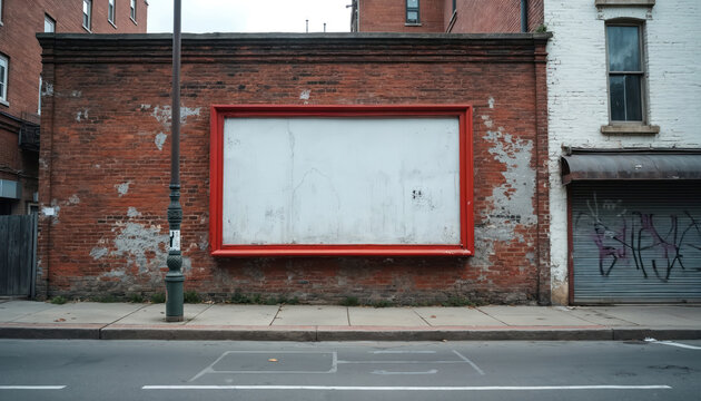 Urban street scene shows blank billboard on brick wall. Weathered texture and red frame frame white empty space. Adjacent building has graffiti-covered roll down door.