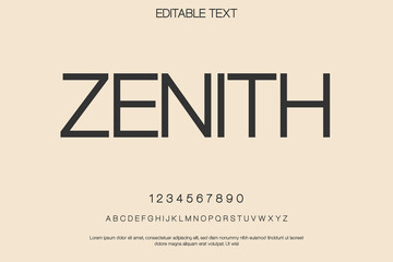 Elegant modern font zenith with numbers and alphabet on a soft beige background