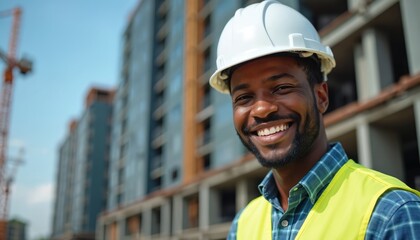 Fototapeta premium Smiling construction worker in hard hat and safety vest. He stands on urban building site with skyscraper in background. Industry professional on job.