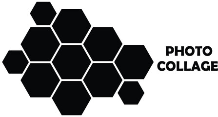Black hexagon photo collage template. Honeycomb layout design element, blank frames for photo collection, overlay, montage, clipping, layer mask. Vector illustration.