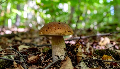 Forest mushroom, brown cap, nestled in leaf litter