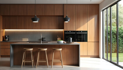 Modern kitchen with warm wood cabinets and island bar. Sleek built-in ovens and coffee maker complement the clean, contemporary design. Large windows offer garden views.