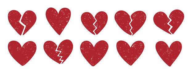 heart and broken heart sketch doodle hand drawn brush textured set. red hearts with texture