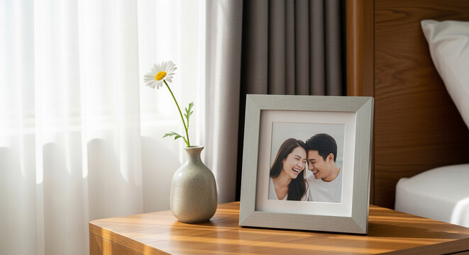 Couple's cherished photo in a frame with a single daisy in a vase on a wooden nightstand by the window
