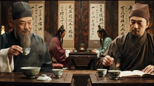 Wise Ancient Chinese Scholars in Deep Contemplation and Conversation Over a Steaming Tea Ceremony