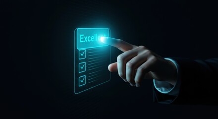 Hand pointing to a glowing digital checklist with the word Excel visible on a dark background, signifying successful task completion and achievement