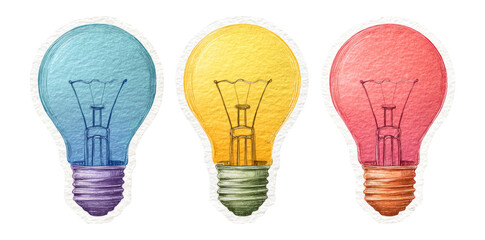 Artistic Light Bulb Illustrations in Colorful Watercolor Style with Transparency