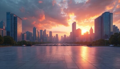 Fototapeta premium Modern city skyline at sunset with vast empty plaza in foreground. Tall glass skyscrapers reflect warm orange light from the setting sun. Urban landscape offers a sense of calm progress and luxury.