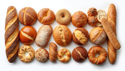 Selection of assorted bakery products. There are baguettes bagels and buns on white table. Sweet bread items like muffins are great for breakfast at bake shop.