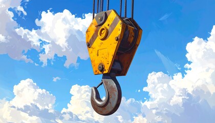 A detailed close-up view of a rusty, yellow crane hook against a vibrant blue sky filled with fluffy white clouds.
