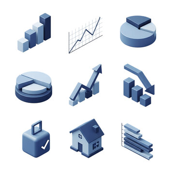 3d icon of collection of isometric financial and business charts isolated on transparent background