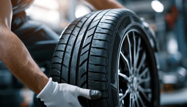 male tire changer In the process of checking the condition of new tires in stock so that they can be replaced at a service center or auto repair shop