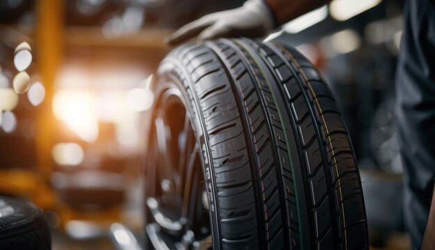 male tire changer In the process of checking the condition of new tires in stock so that they can be replaced at a service center or auto repair shop