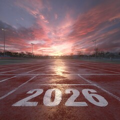 Realistic dawn photograph of an athletics track with a runner in starting position on the blocks and the number 2026 boldly painted on the lane, dramatic lighting and sharp details.