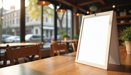 Blank promotional poster on wooden table inside coffee shop. Advertising mockup for cafe or restaurant. Empty advertising board for commercial message presentation. Commercial sign mockup.
