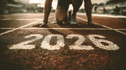 Realistic dawn photograph of an athletics track with a runner in starting position on the blocks and the number 2026 boldly painted on the lane, dramatic lighting and sharp details.