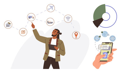 Man presenting IoT network nodes with connectivity icons, graphs, and mobile transaction on smartphone. Ideal for technology, data, IoT, business, connectivity fintech communication. Simple flat