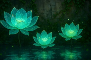 Glowing lotus flowers wallpaper with light effects and glitter. Fantasy floral mural with translucent lotus blossoms. Ethereal botanical print of lotus flowers on a textured wall