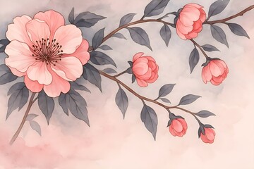 Floral Wallpaper with Pink Blossom Branches on Watercolor Background. Botanical Wallpaper with Pink Cherry Blossom on Soft Background. Watercolor Pink Peonies and Branches on Pink Background