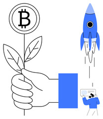 Hand holding a plant with Bitcoin at its tip, symbolizing growth. Nearby, a rocket launches and a figure points to a chart. Ideal for cryptocurrency, startup growth, technology, investment