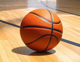 Top-Down View of Basketball on Wooden Court, Isolated