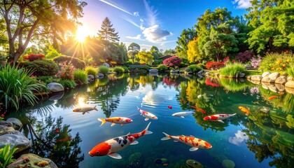 A serene garden pond, vibrant with colorful koi fish, reflects a beautiful landscape of lush greenery and blooming flowers under a bright sunrise.