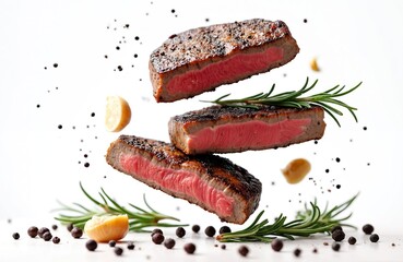 Three flying seared beef steak slices with fresh green rosemary branches, lemon wedges on white. Black peppercorns, garlic cloves scatter around. Delicious cooked meat prepared for gourmet dinner,