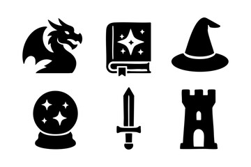 Fantasy and magic icons in black silhouette style: dragon, magic book, wizard hat, crystal ball, sword, and castle tower.
