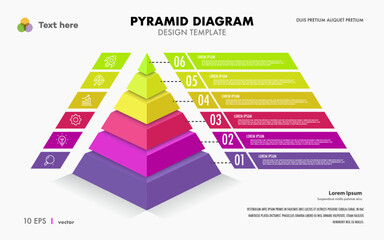 Pyramid infographic template 6 steps modern 3d style for presentation, start up project, business strategy, theory basic operation, logic analysis vector 10 eps