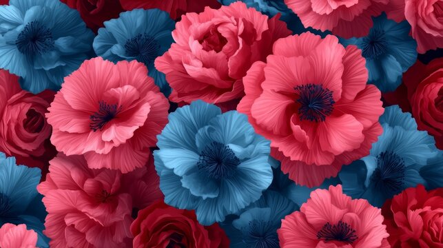 Bouquet of flowers with blue and red flowers. The flowers are arranged in a way that they look like they are in a vase. The colors of the flowers are vibrant and eye-catching