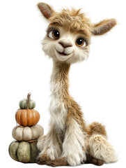 Obraz premium Hallowen cute fluffy baby llama with pumpkins, sitting and smiling, isolated on transparent background
