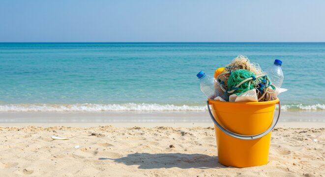 Garbage bucket filled with plastic waste on sandy beach by sea - Powered by Adobe
