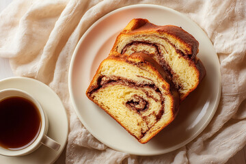 Sliced Cozonac on white plate, showing nut and cocoa swirl inside, clean bright background, simple appetizing presentation