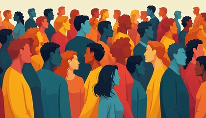 Colorful illustration of many diverse people standing together in large crowd. Modern art shows human community, global society with various cultures, promoting unity, inclusion, global outlook for.