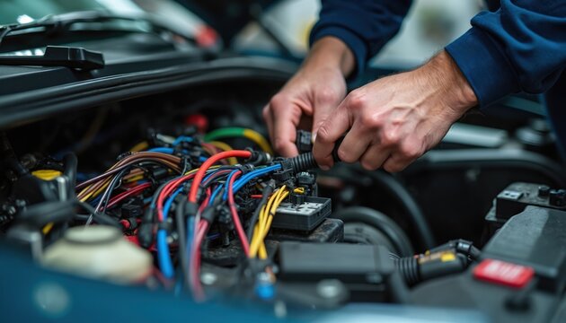 Close-up of mechanic hands fixing colorful car wires in engine bay. Technician repairs complex electrical system in auto workshop with tools. Skilled labor.