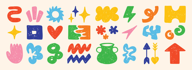 Cute abstract doodle shapes. Set of various modern kids hand drawn stars, hearts, clouds, flowers stickers. Retro comic figure