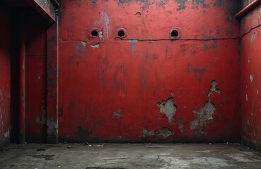 Dark red wall texture inside derelict factory building. Cracked paint aged concrete beneath. Industrial architecture shows signs decay neglect. Abandoned space offers grunge aesthetic background for