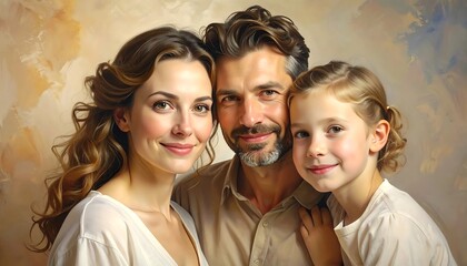 A warm and inviting portrait of a happy family, featuring a mother, father, and daughter, with detailed features and soft lighting.