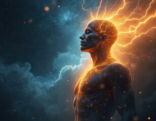 Man silhouette with glowing energy, lightning in universe. Human figure radiates power in cosmic space. Energy flows through body in mystical scene. Person connects to divine aura in celestial