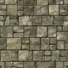 Seamless realistic top-down view of a cobblestone floor. It's a close-up of a rustic, textured outdoor pavement made of weathered gray and brown stones with visible cracks and moss