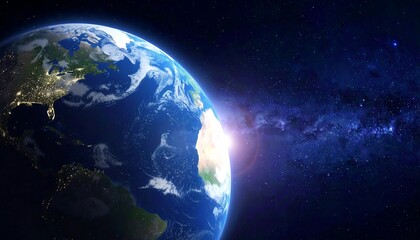 Fototapeta premium A vibrant depiction of Earth from space, showcasing continents, oceans, and the radiant glow of the sun's rising over the horizon