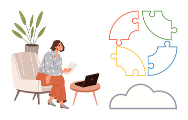 Woman seated with a laptop and document, near a plant. Colorful puzzle pieces and cloud icon represent teamwork, ideas, connectivity, problem-solving, creativity, innovation planning. Ideal