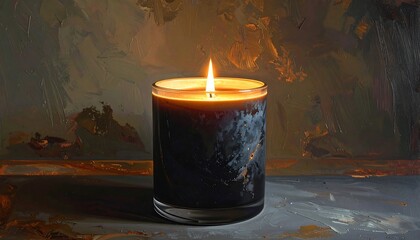 A single, dark-hued candle glows warmly against a textured, painted backdrop.