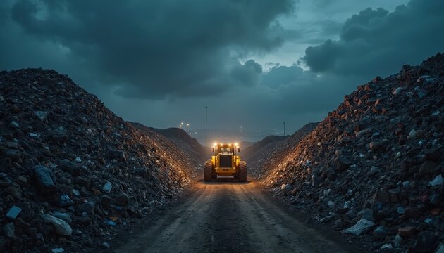 A bulldozer operates in a large landfill. Waste piles surround the road. Dark sky creates a moody atmosphere. Represents waste management and environmental concerns. - Powered by Adobe