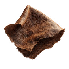 Fototapeta premium A piece of rich, brown leather, draped and textured, floating against a black background. It's irregular in shape, like a soft, slightly crumpled square or rectangle.