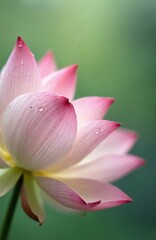 Fototapeta premium Pink lotus flower petals show water drops. Beautiful plant blooms in nature. Delicate shape, pure colors create serene look. Soft green background enhances natural beauty, peaceful vibe, perfect for